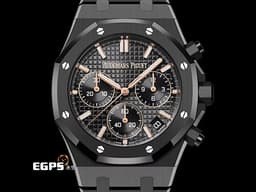 Audemars Piguet 愛彼 AP錶 Royal Oak Chronograph 皇家橡樹 26240CE.OO.1225CE.02 <font color="#05f0f0">黑色陶瓷材質 黑色錶面鐫刻「Grande Tapisserie」大型格紋面盤 玫瑰金色調指針、時標</font>&nbsp;飛返計時腕錶&nbsp;<font color="#ff0000">2026年保卡</font>&nbsp;自動上鍊&nbsp;41mm