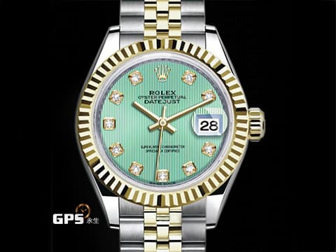 ROLEX 勞力士 Lady Date-Just 279173 DJ28 不鏽鋼&amp;18K黃金半金材質 稀少&nbsp;條紋薄荷綠色面盤&nbsp;2021年保卡 自動上鍊 28mm