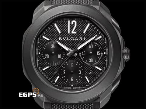 BVLGARI 寶格麗 Bulgari Octo Roma Chronograph 103932 黑色DLC塗層不鏽鋼&nbsp;黑色巴黎釘紋錶盤&nbsp;八角形多稜角設計外框 計時碼表&nbsp;2026年保卡 快拆錶帶系統 附原廠橡膠錶帶&nbsp;自動上鍊 42mm