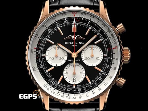 BREITLING 百年靈 Navitimer B01-Chronograph 43 航空計時 18K玫瑰金材質 RB0138211B1P1 經典環形飛行滑尺 黑色熊貓面盤 自製B01機芯 2026年保卡 重約3.38兩&nbsp; 自動上鍊 飛行錶 43mm
