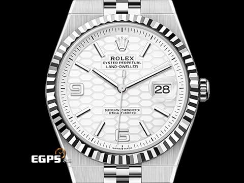 ROLEX 勞力士 Land-Dweller 127234 18K白金材質三角坑紋錶圈 2025年最新系列 陸行者 勞力士數一數二的透背錶款 醇白色蜂巢圖案錶面&nbsp;絲滑服貼的最新錶帶設計&nbsp;2026年保卡 纖薄紀念型（Flat Jubilee）錶帶&nbsp;自動上鍊 36mm