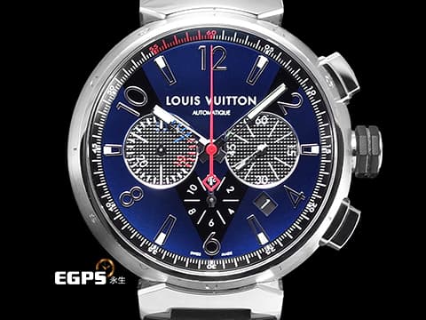 LOUIS VUITTON 路易威登 Tambour系列 Blue Chronograph Q102V0 法式頂級時尚與硬核機械工藝品 側面鐫刻 LOUIS VUITTON 字母 金屬藍黑色大型V字面盤&nbsp;計時碼錶 自動上鍊 44mm