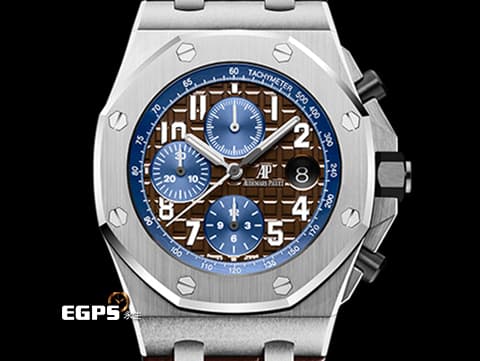 Audemars Piguet 愛彼 AP錶 Royal Oak Offshore 皇家橡樹 離岸型 26470ST.00.A099CR.01 深棕色超大型格紋面盤搭配藍色計時圈&nbsp;不鏽鋼 計時碼錶&nbsp;2018年保卡 自動上鍊 42mm