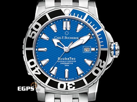 Carl F. Bucherer 寶齊萊 Patravi ScubaTec 柏拉維 深潛 00.10632.23.53.21&nbsp;藍色雕紋面盤&nbsp;不鏽鋼 排氦氣閥&nbsp;2025年保卡 潛水錶 自動上鍊 44.6mm