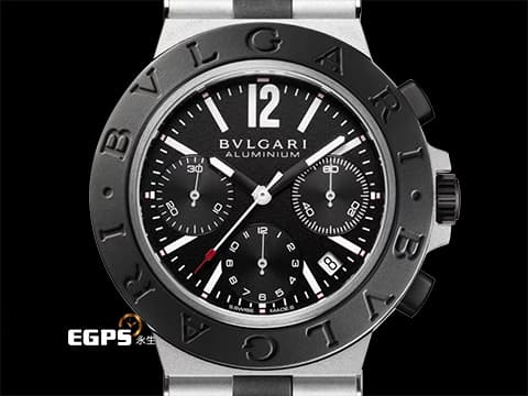 BVLGARI 寶格麗 Bulgari Aluminium系列 103868&nbsp;鋁合金+鈦金屬材質&nbsp;熊貓面盤&nbsp;黑色橡膠刻度錶圈 計時碼表 2025年保卡 &nbsp;自動上鍊 40mm