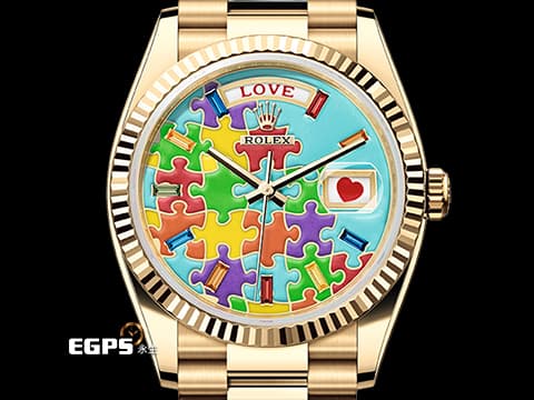 ROLEX 勞力士 Day-Date 36 蠔式 星期日曆型 128238&nbsp;DD36 18K黃金材質 稀有款 Puzzle Dial Tiffany 綠松石色拼圖面盤 每天都是不同圖案的日期窗&nbsp;彩虹色寶石時標&nbsp;2026年保卡 元首型（President）錶帶 總統帶&nbsp;自動上鍊 36mm