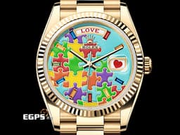 ROLEX 勞力士 Day-Date 36 蠔式 星期日曆型 128238&nbsp;DD36 18K黃金材質 <font color="#05f0f0">稀有款 Puzzle Dial Tiffany 綠松石色拼圖面盤 每天都是不同圖案的日期窗</font>&nbsp;<font color="#fa00fa">彩虹色寶石時標</font>&nbsp;<font color="#FF0000">2026年保卡 元首型（President）錶帶 總統帶</font>&nbsp;自動上鍊 36mm