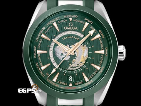 OMEGA 歐米茄 Seamaster 海馬 Aqua Terra 150系列 Worldtimer 世界時區 22032432210001 不鏽鋼材質 綠色甲板紋浮雕地圖面盤 2024年保卡  同軸擒縱 自動上鍊 43mm