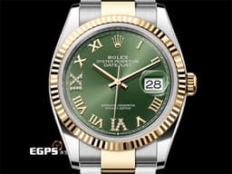 ROLEX 勞力士 Datejust 36 蠔式日誌型 126233 <font color="#6D8E23">原廠VI、IX鑲鑽 橄欖綠色面盤</font> 半金款 18K黃金 DJ36 經典三角坑紋錶圈 <font color="#FF0000">2022年新式保卡 蠔式（Oyster）三節錶帶</font> 自動上鍊 36mm