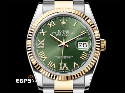 ROLEX 勞力士 Datejust 36 蠔式日誌型 126233 原廠VI、IX鑲鑽 橄欖綠色面盤 半金款 18K黃金 DJ36 經典三角坑紋錶圈 2022年新式保卡 蠔式（Oyster）三節錶帶 自動上鍊 36mm