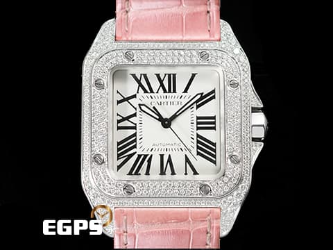 CARTIER 卡地亞 Santos 100 山度士 中型&nbsp;鑲鑽錶圈&nbsp;經典羅馬數字時標 大三針 自動腕錶 36mm