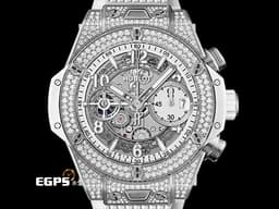 Hublot 宇舶 BIG BANG 大爆炸 Unico Titanium&nbsp;441.NE.2011.RW.1704 鈦金屬材質 <font color="#05f0f0">原廠鑲嵌170顆鑽石錶殼（共0.8克拉） 126顆鑽石錶圈（共1.1克拉）</font> <font color="#ff0000">2024年電子保單</font> 飛返計時碼錶 自動上鍊 42mm