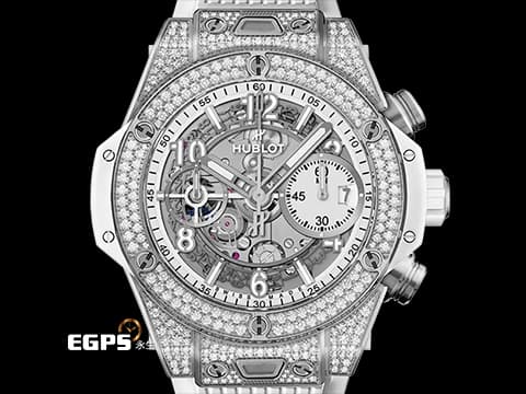 Hublot 宇舶 BIG BANG 大爆炸 Unico Titanium&nbsp;441.NE.2011.RW.1704 鈦金屬材質 原廠鑲嵌170顆鑽石錶殼（共0.8克拉） 126顆鑽石錶圈（共1.1克拉） 2024年電子保單 飛返計時碼錶 自動上鍊 42mm