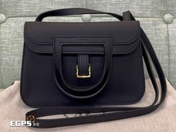 HERMES 愛馬仕 Halzan Mini 22cm 牛皮<font color="#fafa01">金釦</font>手提/斜背兩用包(Noir黑)<font color="#ff0000"> K刻</font>