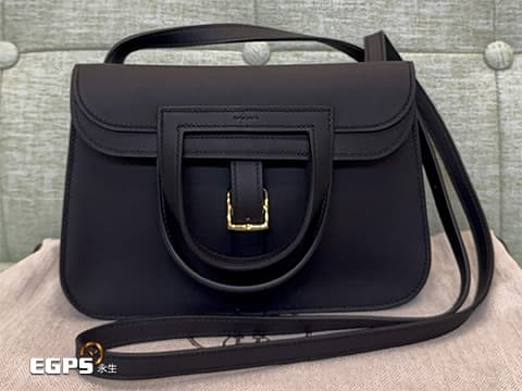 HERMES 愛馬仕 Halzan Mini 22cm 牛皮金釦手提/斜背兩用包(Noir黑) K刻