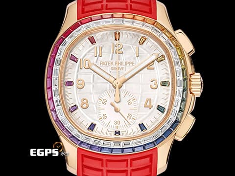 Patek Philippe 百達翡麗 PP錶  Aquanaut  7968/300R-001 海底探險家 海探 手雷 18K玫瑰金材質 白色珍珠貝母面盤&nbsp;共計52顆長階梯形切割多彩藍寶石（2.62克拉）及50顆長階梯形切割鑽石（2.41克拉）&nbsp;2026年保單 保有部分原廠膠膜&nbsp;自動上鏈   42.2mm
