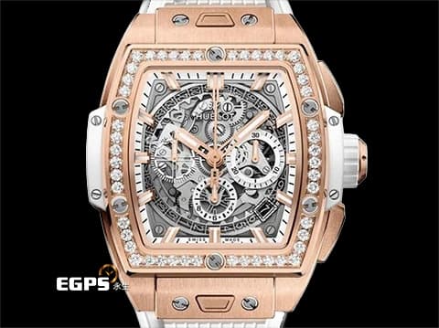 HUBLOT 宇舶 Spirit of Big Bang 大爆炸 靈魂系列 King Gold Blue 王金材質 642.OE.2010.RW 計時碼錶 酒桶型 鏤空面盤 原廠鑲嵌鑽石錶圈 2023年電子式保單 自動上鍊 42mm
