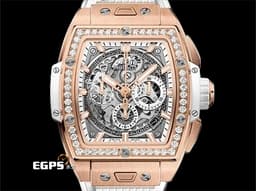 HUBLOT 宇舶 Spirit of Big Bang 大爆炸 靈魂系列 King Gold Blue <font color="#f3baa1">王金材質</font> 642.OE.2010.RW 計時碼錶 酒桶型 <font color="#05f0f0">鏤空面盤 原廠鑲嵌鑽石錶圈</font><font color="#FF0000"> 2023年電子式保單</font> 自動上鍊 42mm