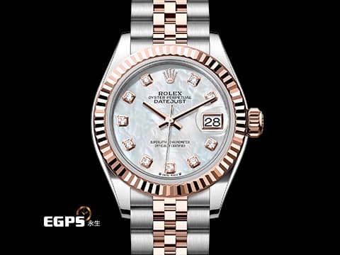 ROLEX 勞力士 Lady-Datejust 28 永恆玫瑰金 279171 18K玫瑰金材質 半金款 原廠鑲嵌鑽石時標 白色珍珠貝母面盤 2026年保卡   紀念型五珠錶帶&nbsp;自動上鍊 28mm
