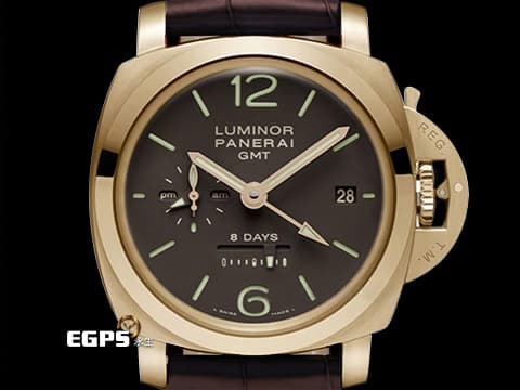 PANERAI 沛納海 Luminor 1950 PAM00289 PAM289 GMT 18K玫瑰金材質  日期顯示 第二時區日夜顯示 棕色面盤 動力儲存顯示   2017年保單  手動上鏈 47mm