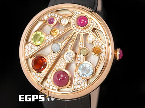 BVLGARI 寶格麗錶 Bulgari Mediterranean Eden 地中海伊甸園 MEP40G 彩寶腕錶&nbsp;原廠鑲鑽 珍珠貝母面盤&nbsp; 鑲飾橄欖石、黃水晶、碧璽、帕托石等10種色彩寶石 玫瑰金材質 高級珠寶腕錶 石英腕錶 40mm