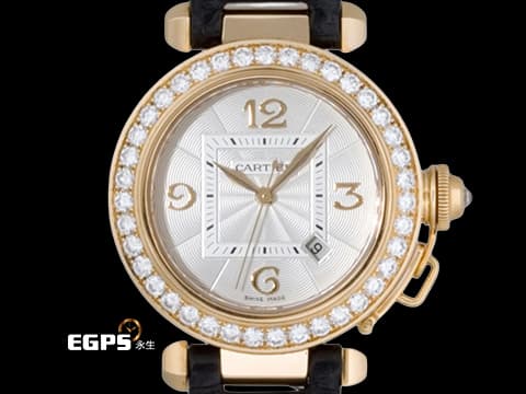 CARTIER 卡地亞 PASHA DE CARTIER 帕夏 2519 大型款 18K黃金材質&nbsp;原廠鑲嵌鑽石錶圈&nbsp;白色扭索面盤 極具辨識度的鑲嵌鑽石錶冠鎖設計&nbsp;自動上鏈 32mm