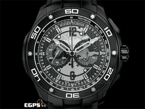 ROGER DUBUIS 羅杰杜彼 Pulsion 鈦金屬計時碼錶 RDDBPU0005&nbsp; 冒險家鏤空計時腕 2025年保單錶&nbsp;RDDBPU0005 微型自動盤  極線條簡潔流暢，又不失神秘感 延伸至錶殼側面的藍寶石水晶錶圈&nbsp;機芯100%符合日內瓦印記標準的製錶商 自動上鏈 44mm