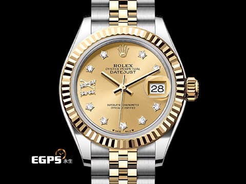 ROLEX 勞力士 Lady Date-Just 279173 DJ28 不鏽鋼&amp;18K黃金半金材質  香檳金色面盤 原廠星形鑽石時標 鑲8顆鑽石的18K金羅馬數字IX 2025年保卡 自動上鍊 28mm