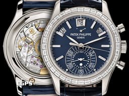 PATEK PHILIPPE 百達翡麗 PP錶 5961P-001  
複雜功能飛返計時年曆錶 <font color="#FF0000">PT950鉑金材質 </font><font color="#05f0f0">原廠鑲嵌T鑽外框、T鑽摺疊帶扣、T鑽時標</font><font color="#FF0000">&nbsp;<font color="#0000E3">藍色面盤</font> 2025年保單</font>&nbsp;自動上鍊 40.5mm
