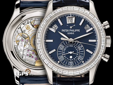 PATEK PHILIPPE 百達翡麗 PP錶 5961P-001  
複雜功能飛返計時年曆錶 PT950鉑金材質 原廠鑲嵌長方形透明鑽石時標、錶圈、錶扣&nbsp;藍色面盤 2021年保單 錶友蒐藏未使用品 新錶訂價：5,695,000元&nbsp;自動上鍊 40.5mm