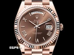 ROLEX 勞力士 Day-Date 40 蠔式 星期日曆型 228235 <font color="#D2691E">巧克力色面盤 羅馬數字時標</font> 永恆玫瑰金 經典三角坑紋錶圈 <font color="#FF0000">2026年木紋保卡 元首型（President）錶帶 總統帶</font> DD40 自動上鍊 40mm
