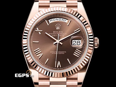 ROLEX 勞力士 Day-Date 40 蠔式 星期日曆型 228235 巧克力色面盤 羅馬數字時標 永恆玫瑰金 經典三角坑紋錶圈 2026年木紋保卡 元首型（President）錶帶 總統帶 DD40 自動上鍊 40mm