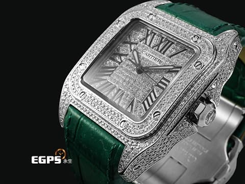 CARTIER 卡地亞 Santos 100 山度士 中型 精鑲滿天星鑽石面盤、鑲鑽錶圈&nbsp;綠色客製化皮革錶帶 自動上鍊 36mm