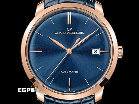 GIRARD-PERREGAUX 芝柏 GP 1966系列 49527-52-431-BB4A 18K玫瑰金材質 簡約、氣質設計風格 藍色太陽紋放射面盤&nbsp;2026年保卡 新錶訂價：606,000元&nbsp;自動上鏈 41mm
