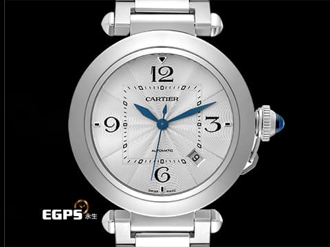 CARTIER 卡地亞 PASHA DE CARTIER 帕夏 WSPA0009 大型款 不鏽鋼材質&nbsp;「SmartLink」快拆式錶帶 極具辨識度的鑲嵌藍色尖晶石錶冠鎖設計&nbsp;2023年保卡&nbsp;自動上鏈 41mm