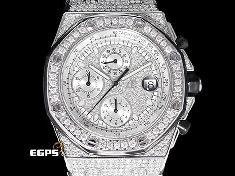 Audemars Piuget 愛彼 AP錶 Royal Oak Offshore &nbsp;皇家橡樹離岸型 不鏽鋼材質    精鑲鑽石滿天星面盤、鑲鑽錶圈、鑲鑽錶殼 &nbsp;自動上鍊 計時碼表 42mm