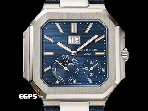 Patek Philippe 百達翡麗 PP錶 Cubitus Grand Date 最新款 5822P-001 Platinum 藍色水平浮雕日輝紋錶盤&nbsp;5822 P 瞬跳大日期窗 星期顯示 月相盈虧 小秒針 PT950 鉑金材質 2025年台灣公司貨&nbsp;自動上鍊 45mm