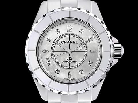 CHANEL 香奈兒 J12 系列 H2423 白色陶瓷 珍珠貝母面盤&nbsp; 原廠鑽石時標 大三針 專利不鏽鋼蝴蝶扣 自動上鍊 38mmm