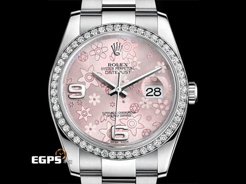 ROLEX 勞力士 DATEJUST 116244 蠔式 不鏽鋼材質&nbsp;稀有面盤&nbsp;原廠鑲嵌鑽石錶圈 粉紅色花朵藝術面盤 自動上鏈 36mm