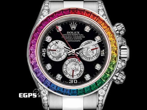 ROLEX 勞力士 Daytona 迪通拿 116509 18K白金材質&nbsp;精鑲彩虹圈、鑽石錶耳、鑲鑽時標&nbsp;自動上鏈&nbsp;40mm