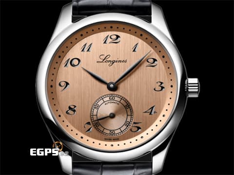 LONGINES 浪琴 Master Collection 名匠 巨擘系列 L28434932&nbsp;緞面紋鮭魚面盤 雕鑿式復古字體時標&nbsp;小秒針 不鏽鋼&nbsp;2023年台灣公司貨&nbsp;自動上鍊 38.5mm