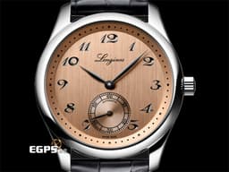 LONGINES 浪琴 Master Collection 名匠 巨擘系列 L28434932&nbsp;<font color="#f2a650">緞面紋鮭魚面盤 雕鑿式復古字體時標</font>&nbsp;小秒針 不鏽鋼<font color="#FF0000">&nbsp;2023年台灣公司貨</font>&nbsp;自動上鍊 38.5mm