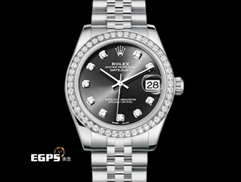 ROLEX 勞力士 Datejust 31 蠔式日誌型 178384&nbsp;不鏽鋼材質 原廠鑲嵌鑽石錶圈、時標 黑色面盤 2016年保卡 紀念型（Jubilee）五銖錶帶 自動上鍊 31mm