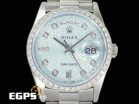 ROLEX 勞力士 Day-Date 蠔式 星期日曆型 18346&nbsp;原廠鑽圈、鑽石時標 冰藍色浮雕紀念面&nbsp;PT950 鉑金材質 經典 DD36 元首型（President）錶帶 總統帶&nbsp;勞力士服務中心保養完成 保固至2028年 附原廠保養卡&nbsp;自動上鏈 36mm