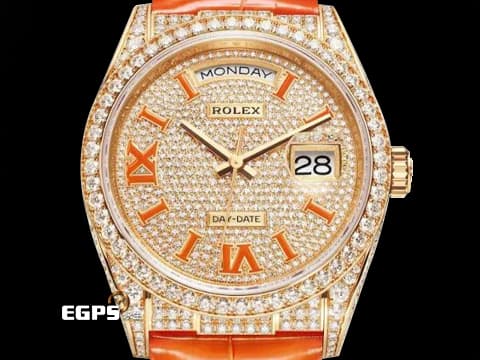 ROLEX 勞力士 Day-Date 36 蠔式 星期日曆型 128159RBR&nbsp;18K黃金材質 128159&nbsp;原廠鑲嵌滿天星鑽石面盤、錶圈、錶殼、錶扣 橘色琺瑯羅馬數字時標&nbsp;DD36 經典 官網型錄查不到的隱藏版&nbsp;2025年保卡  自動上鏈 36mm