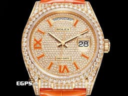ROLEX 勞力士 Day-Date 36 蠔式 星期日曆型 128159RBR<font color="#ff00ff">&nbsp;</font>18K黃金材質 128159<font color="#ff00ff">&nbsp;</font><font color="#fb7228">原廠鑲嵌滿天星鑽石面盤、錶圈、錶殼、錶扣 橘色琺瑯羅馬數字時標</font>&nbsp;DD36 經典 <font color="#ff0000">官網型錄查不到的隱藏版&nbsp;</font><font color="#FF0000">2025年保卡 </font> 自動上鏈 36mm