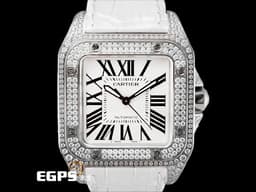 CARTIER 卡地亞 Santos100 山度士 W20126X8 中型 不鏽鋼 大三針&nbsp;<font color="#ff0000">銀色白瓷面盤、劍形黑鋼夜光指針、羅馬數字時標 精鑲鑽石錶框錶耳</font>&nbsp;自動上鏈 33mm x 44mm
