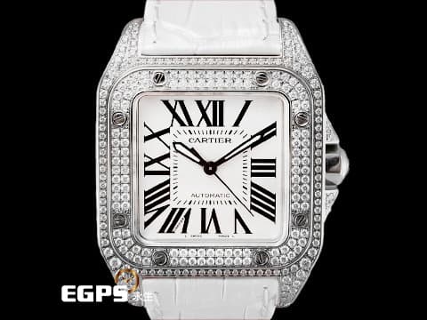 CARTIER 卡地亞 Santos100 山度士 W20126X8 中型 不鏽鋼 大三針&nbsp;銀色白瓷面盤、劍形黑鋼夜光指針、羅馬數字時標 精鑲鑽石錶框錶耳&nbsp;自動上鏈 33mm x 44mm