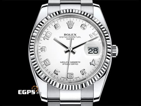 ROLEX 勞力士 DATAJUST CA 115234 不鏽鋼材質 18K白金材質太陽坑紋錶圈 原廠鑲嵌鑽石時標 2017年保卡 自動上鍊 34mm