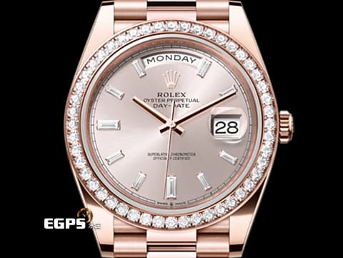 ROLEX 勞力士 DayDate DD 40 永恆玫瑰金 228345RBR 18K永恆玫瑰金材質 日亮金色面盤 原廠鑲嵌鑽石錶圈 方形鑽石時標 2018年保卡 已貼膜 自動上鏈 40mm